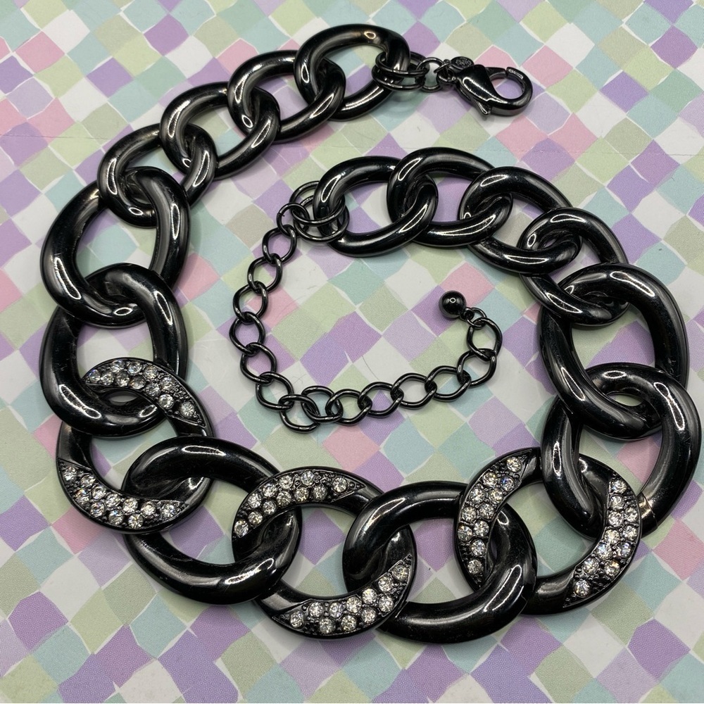 PREMIER DESIGNS Roxy Necklace Chunky Gunmetal Metal Links & Rhinestones